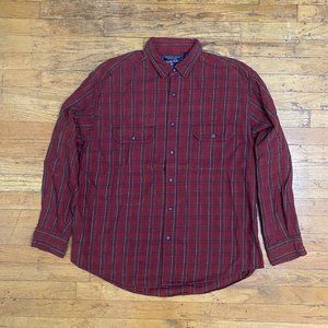 American Eagle red, brown, white flannel shirt.